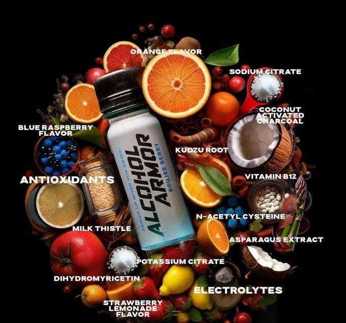 Bottle surrounded by labeled whole-food ingredients