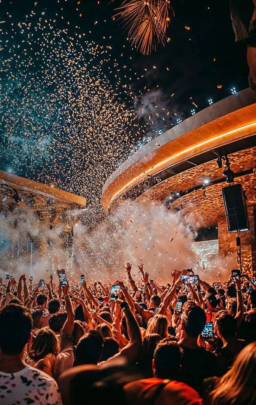 Nightclub crowd under fireworks