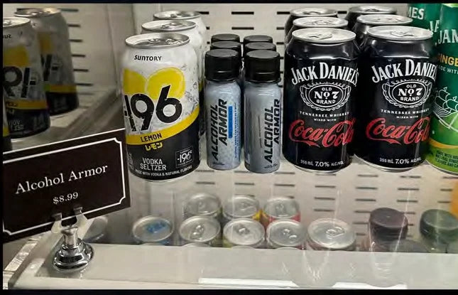 Alcohol Armor shots shelved beside major brand cans